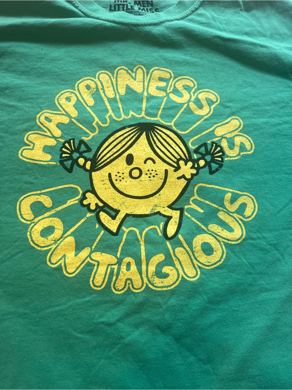 Mr Men-Little Miss Short Sleeve Tee with “Happiness is Contagious” graphic